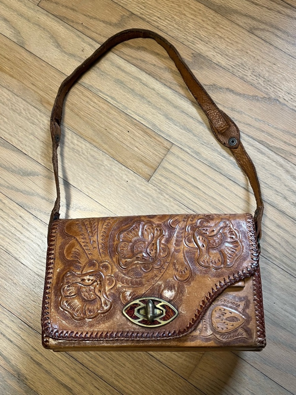 Hand-Tooled Brown Leather Shoulder Bag